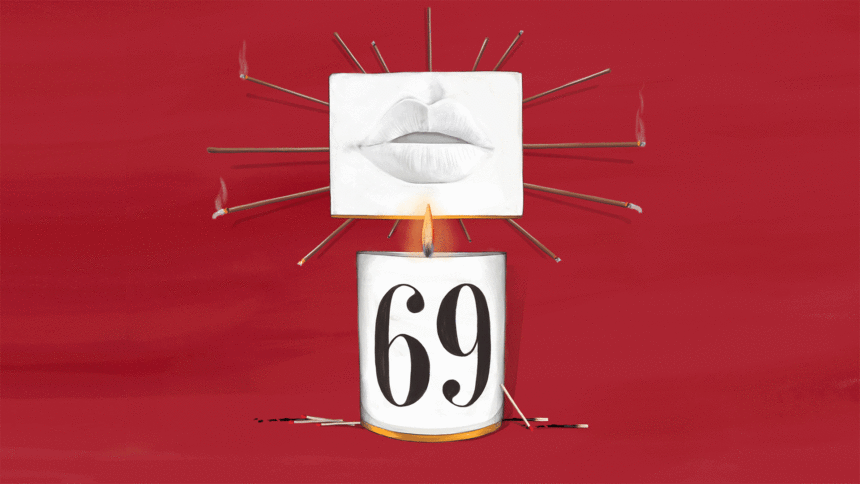 Illustration of a candle on red background.
