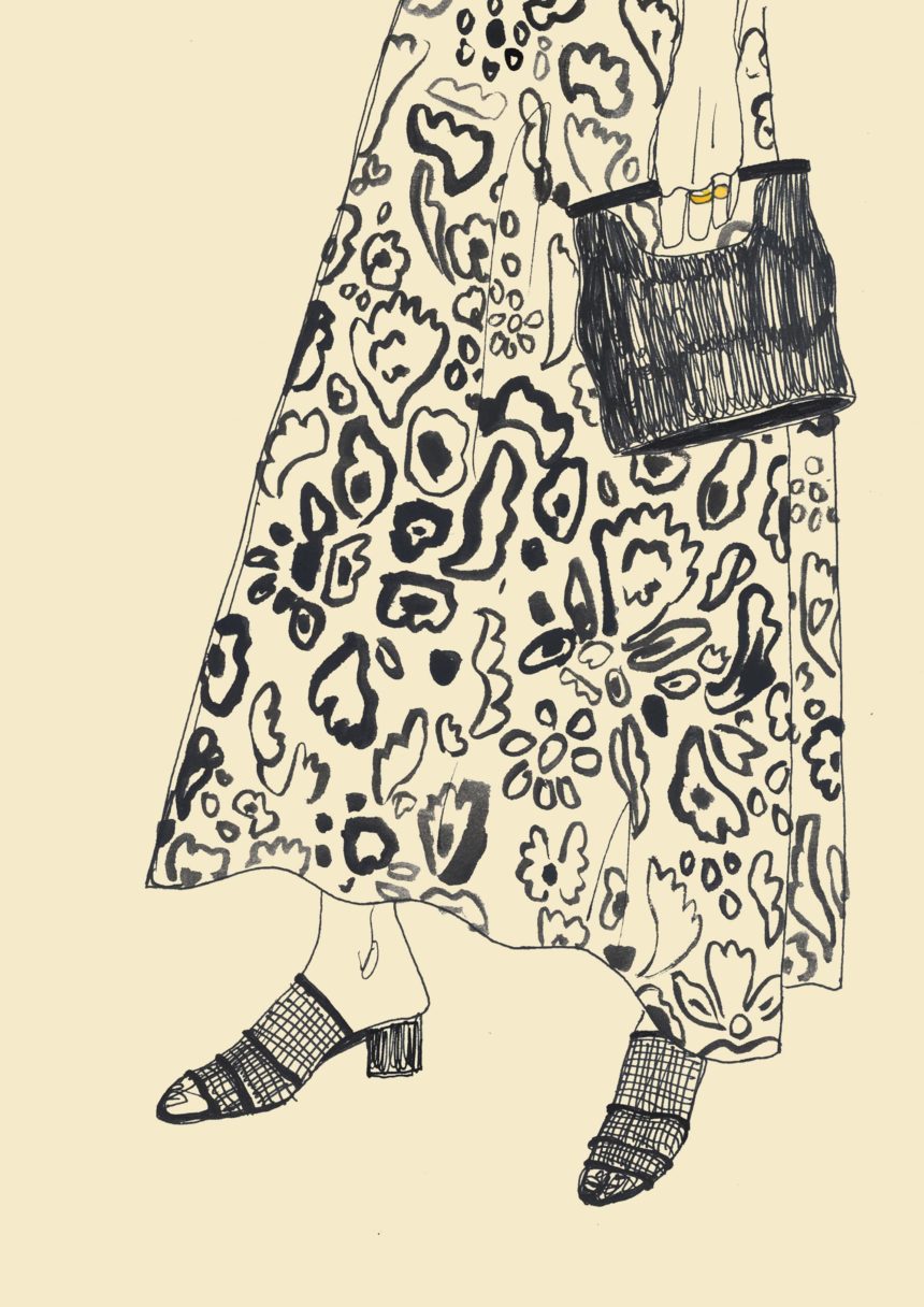 Ink drawing of patterned skirt.
