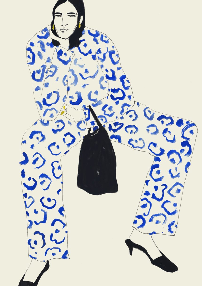 Illustration of woman sitting with patterned outfit.