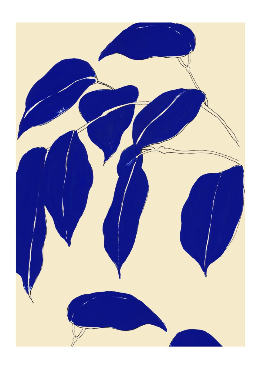 Ink illustration of blue leaves.