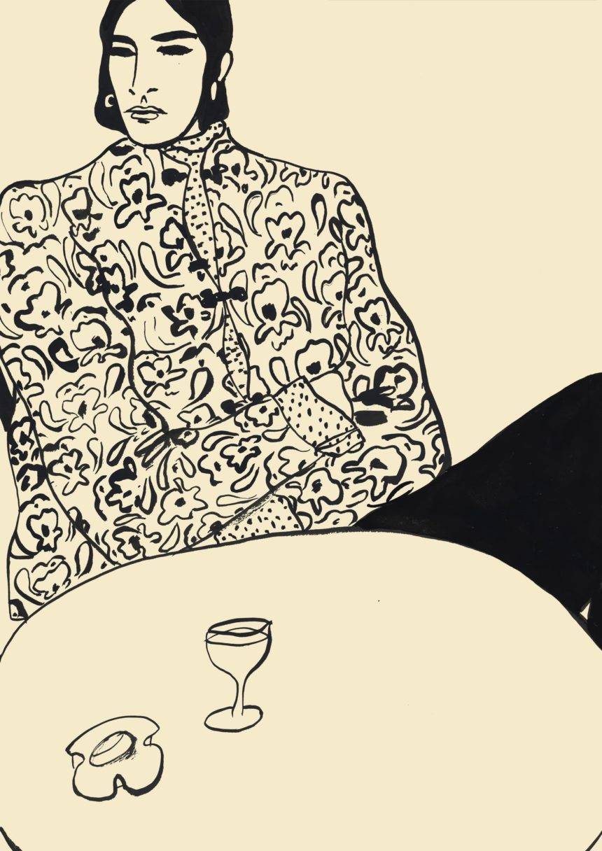 Ink illustration of woman in patterned top.