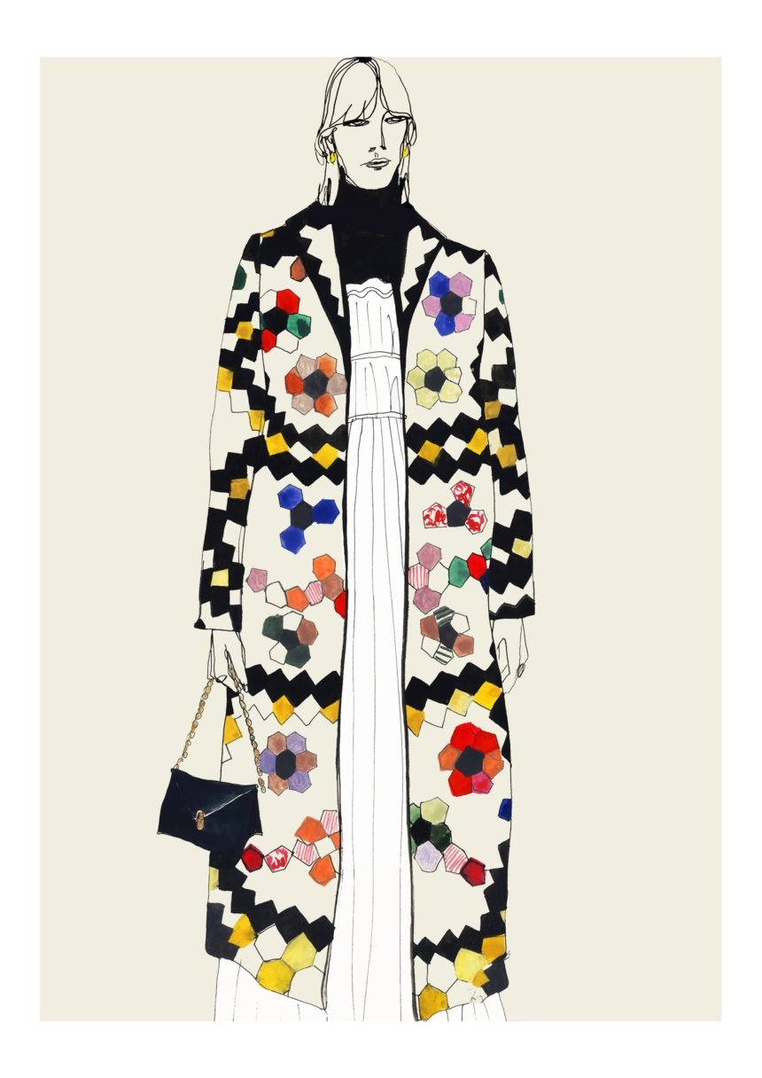 Illustration of woman wearing patterned coat.