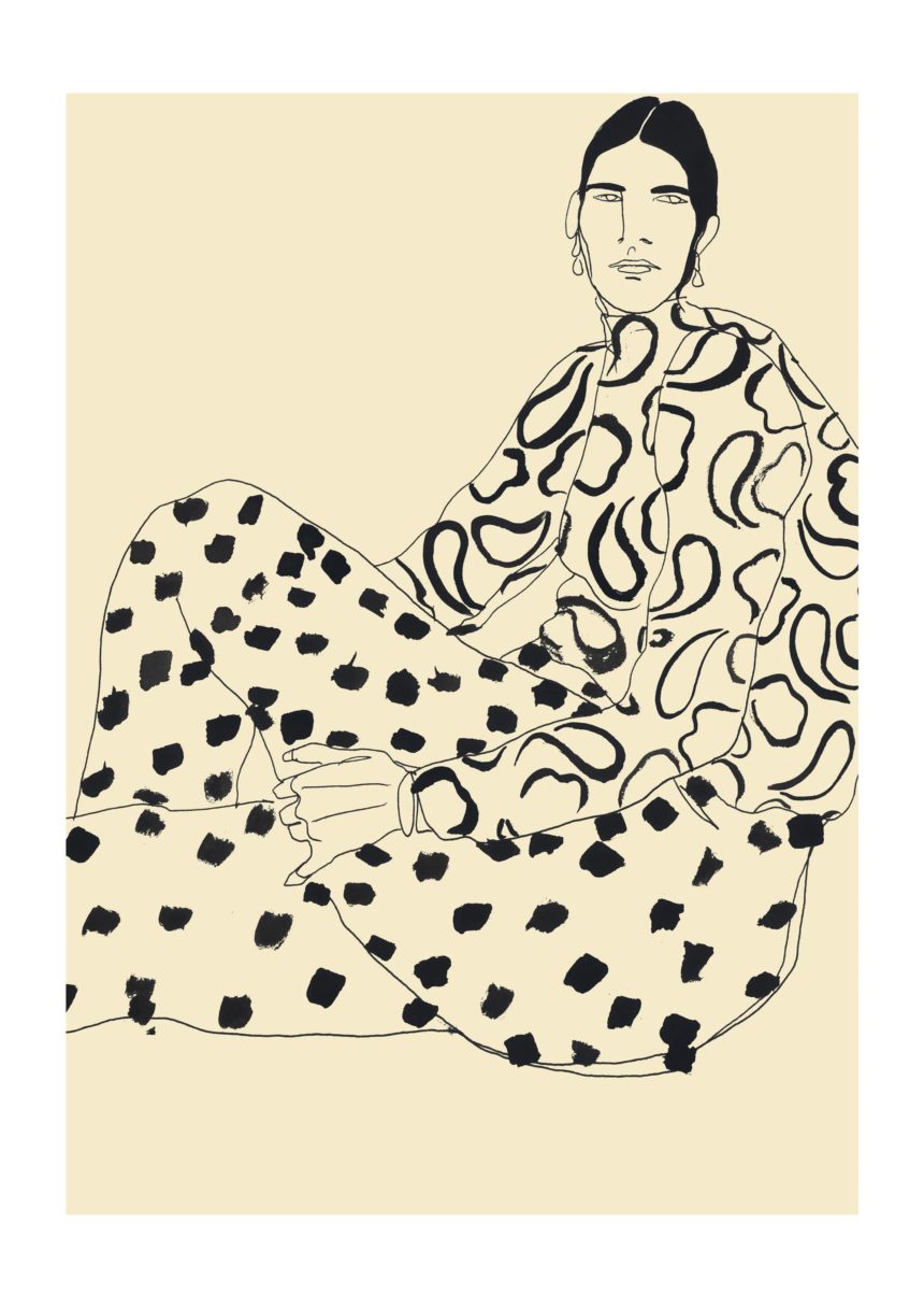 Ink illustration of woman in patterned outfit.