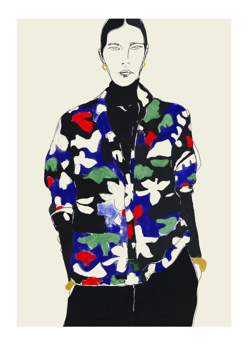 Illustration of woman in black top with pattern.