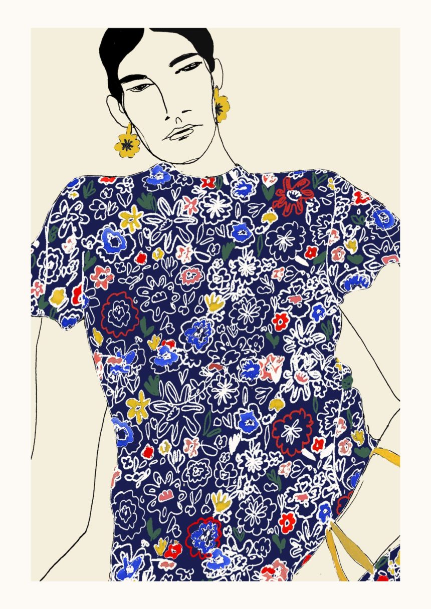 Illustration of woman in floral patterned top.