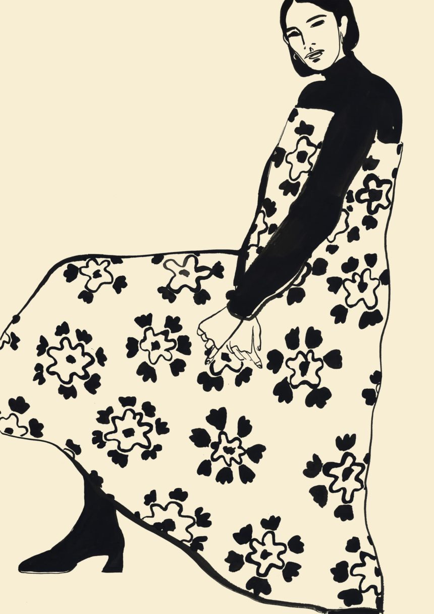 Ink illustration of woman in patterned dress.