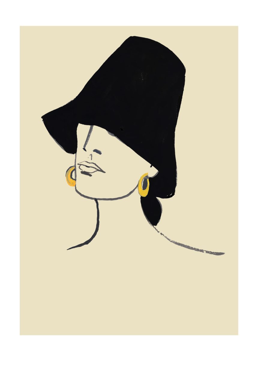 Ink illustration of woman in black hat.