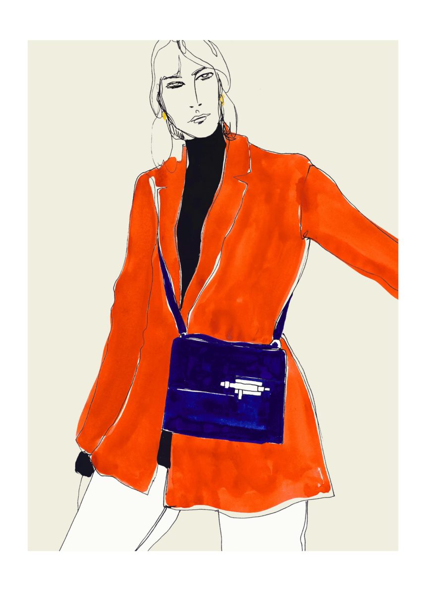 Illustration of woman in orange jacket.