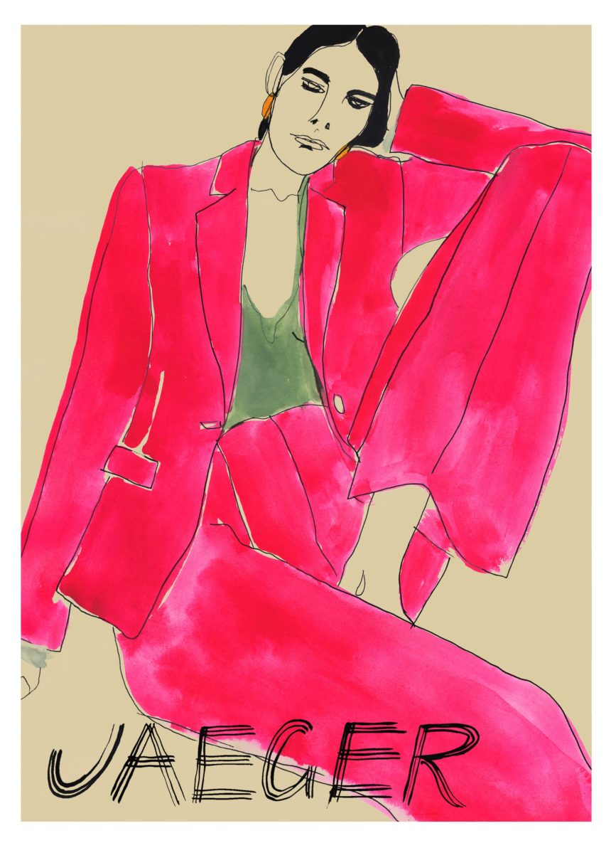 Illustration of sitting woman in pink outfit.