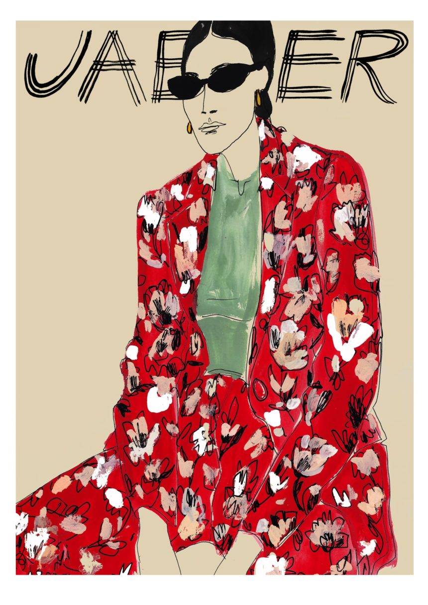 Illustration of sitting woman in red outfit with pattern.