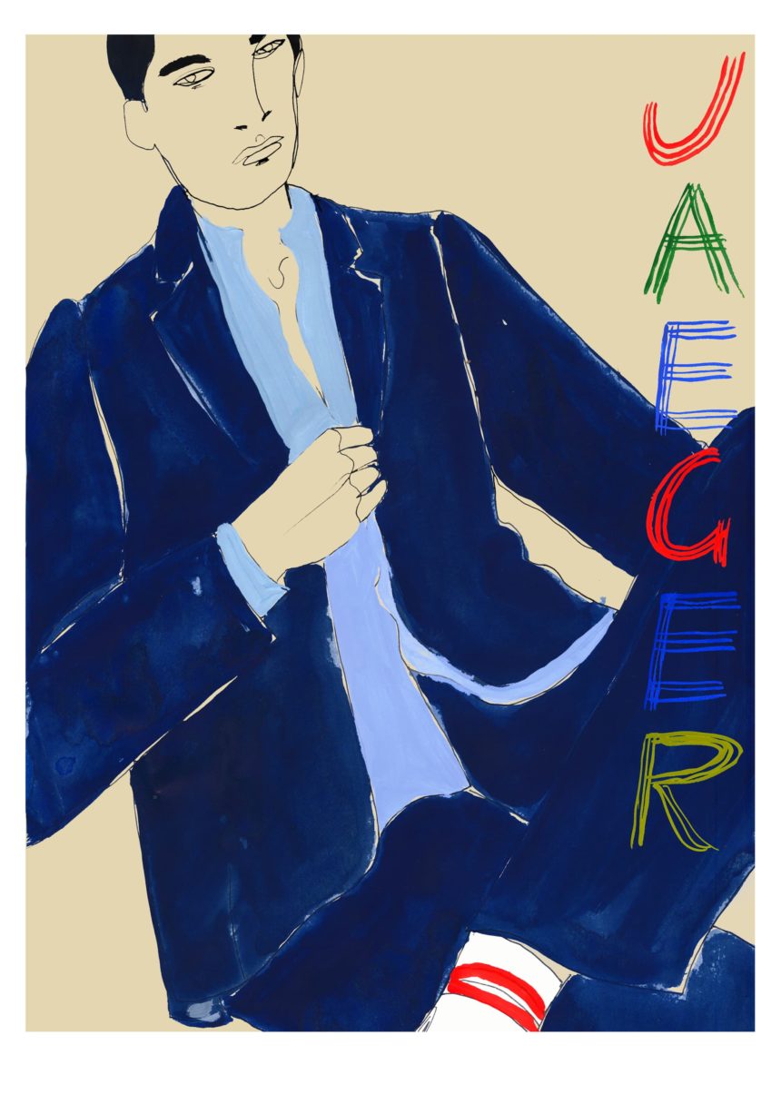 Illustration of sitting man in blue suit.