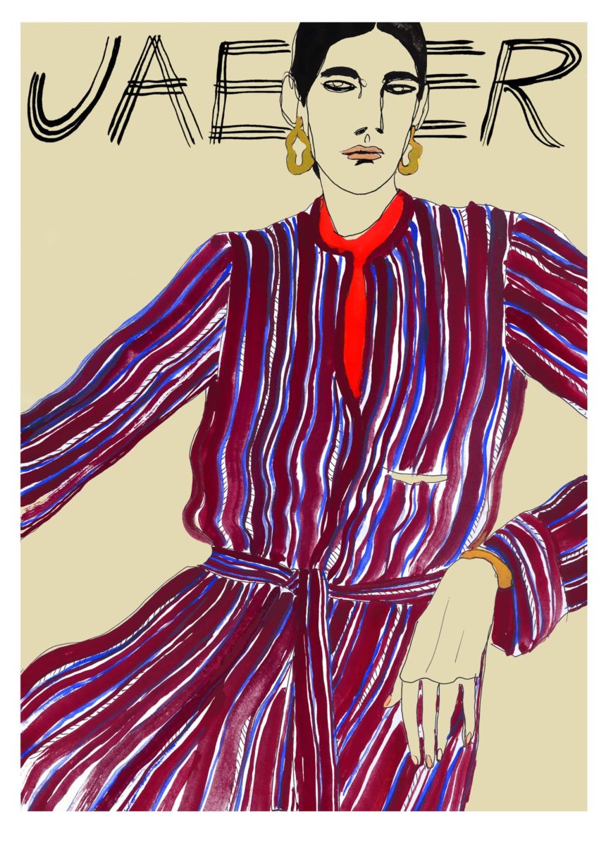 Illustration of sitting woman in outfit with striped pattern.