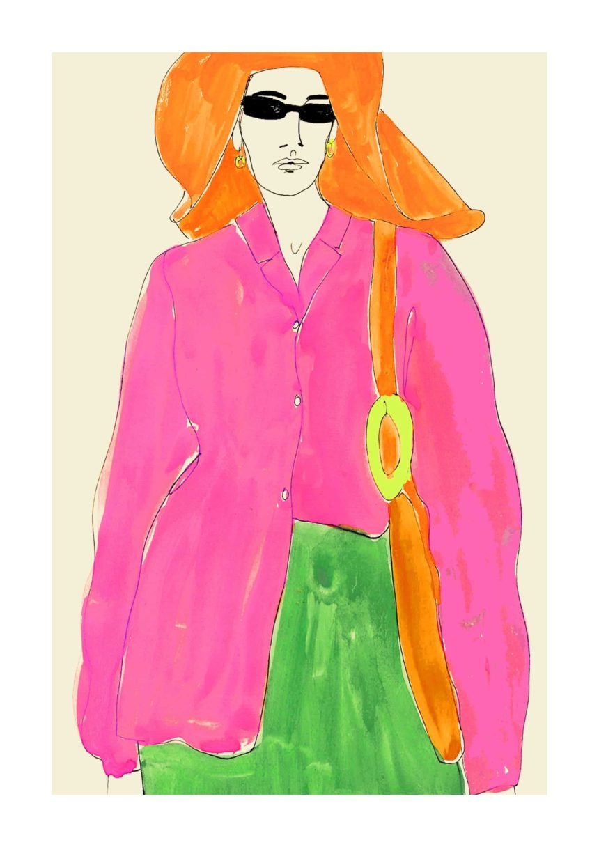 Painting of fashion silhouette in pink jacket and orange hat.