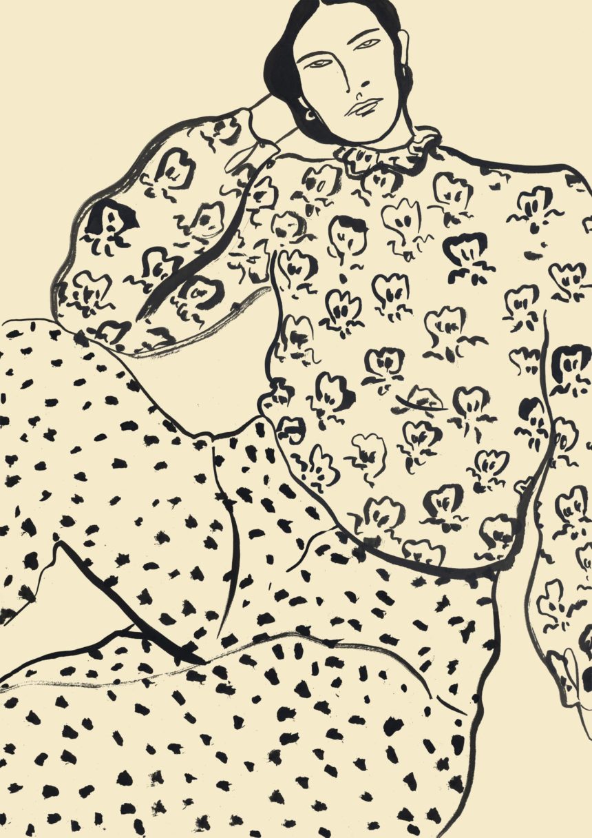 Ink illustration of woman in patterned outfit.