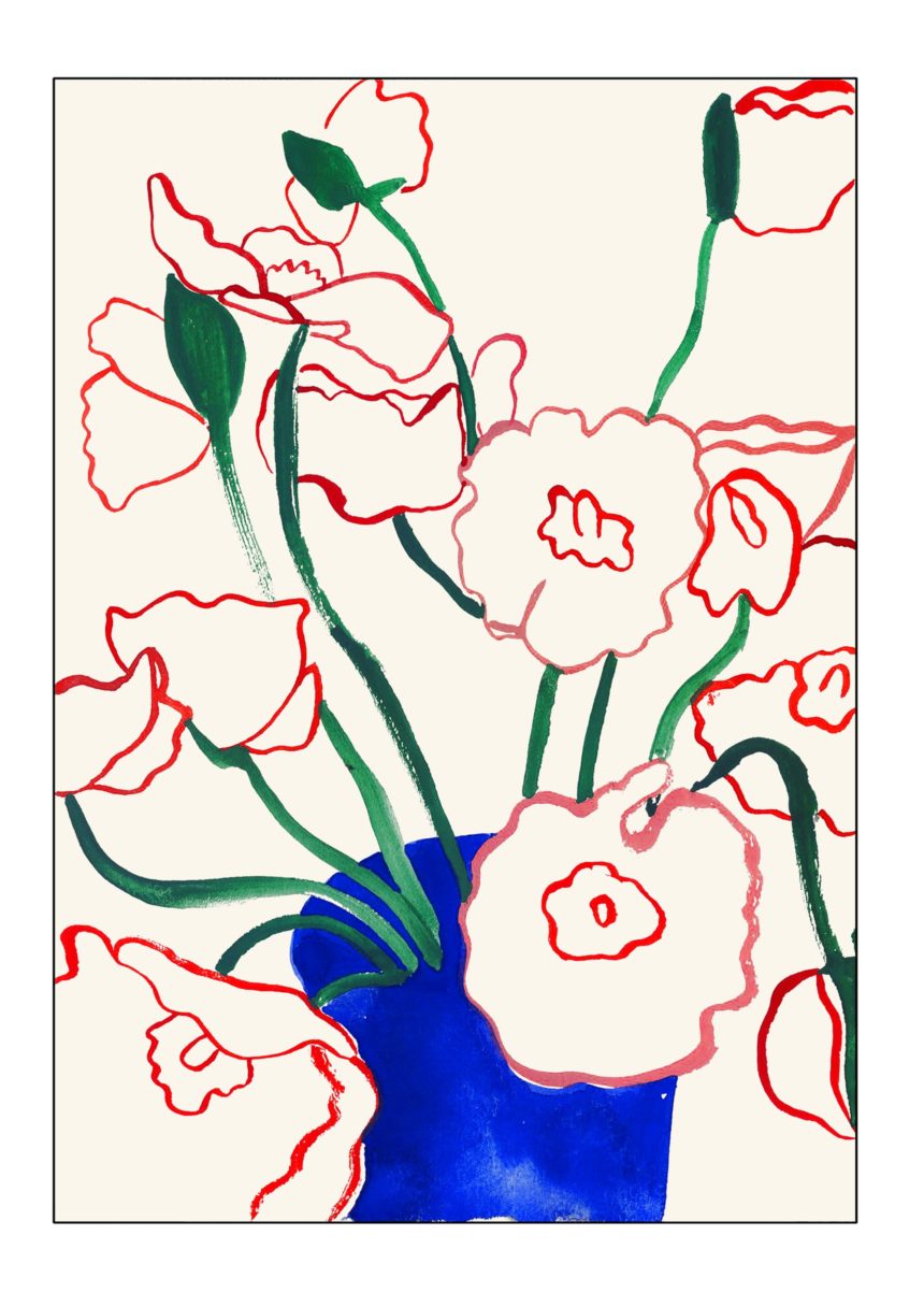 Illustration of blue vase with red flowers.
