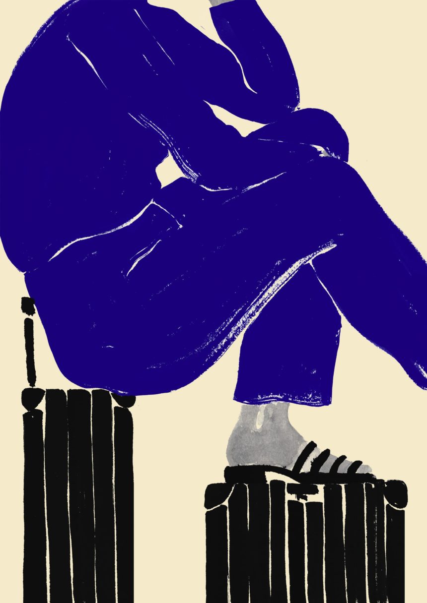 Painting of woman sitting on Rimowa suitcase.