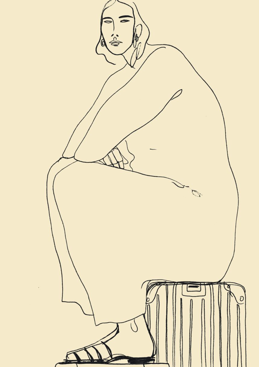 Line illustration of woman sitting on Rimowa suitcase.