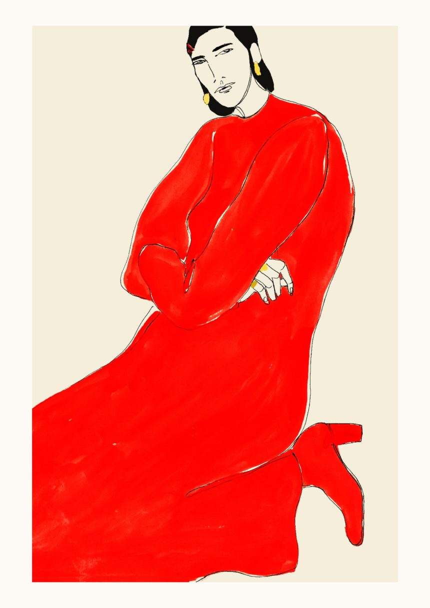 Painting of sitting fashion silhouette.