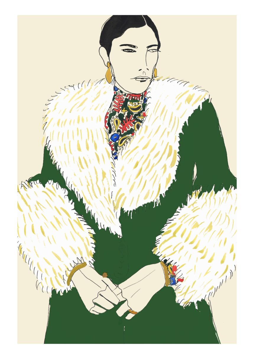 Illustration of woman in green coat with white fur.