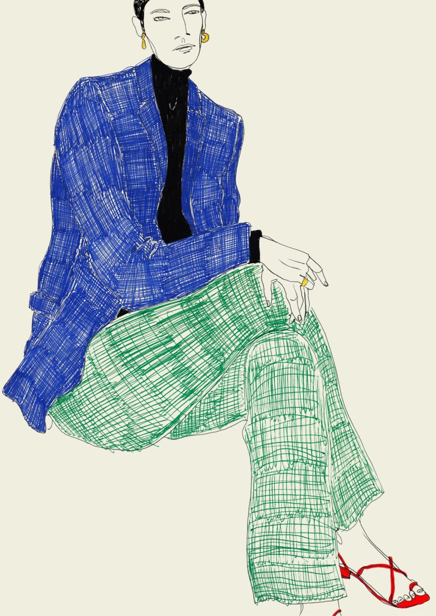Pen illustration of sitting woman in green trousers.