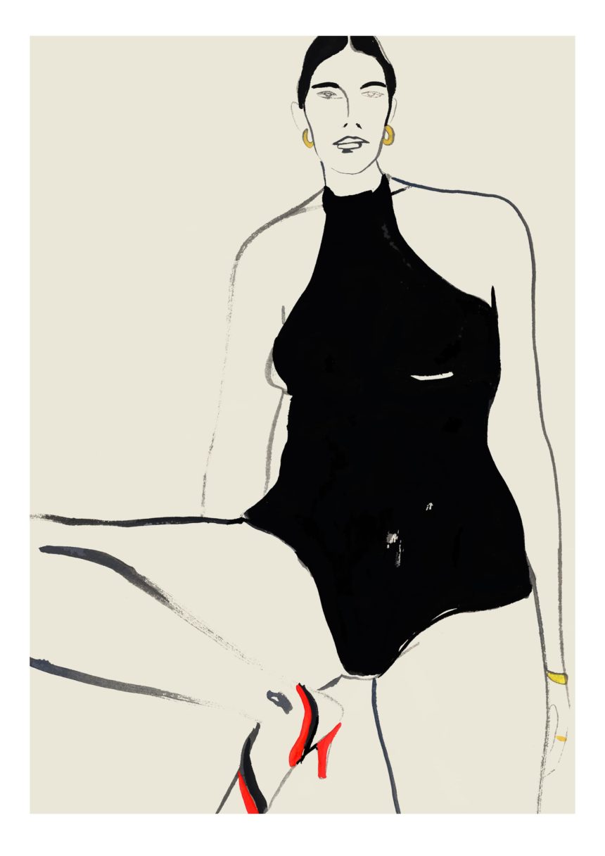 Illustrated painting of body with black swimming suit.