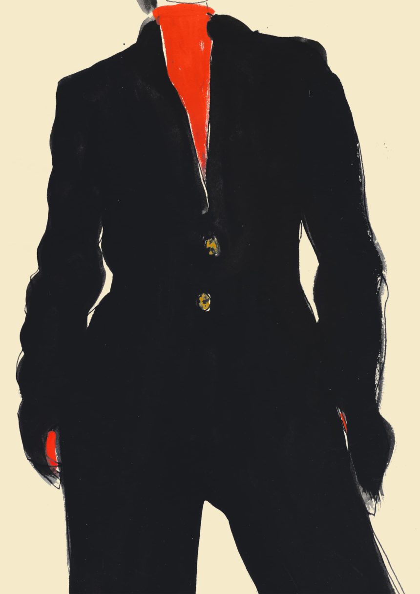 Illustrated painting of woman in black suit.