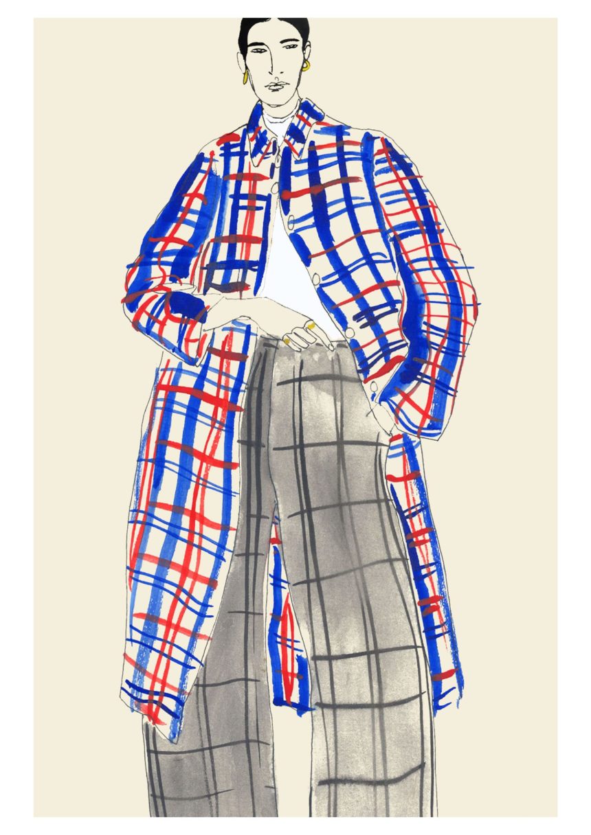 Illustration of fashion silhouette with tartan coat.