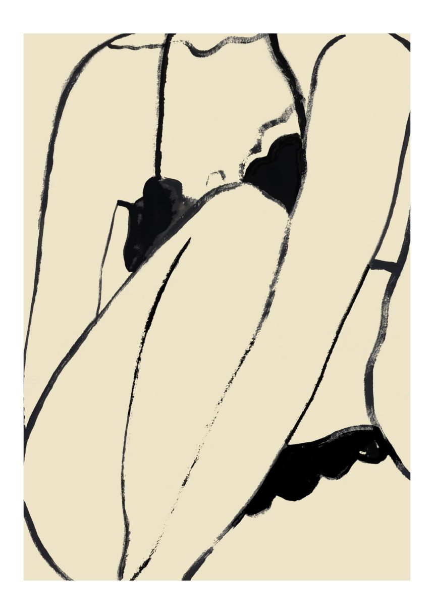 Ink drawing of sitting woman.