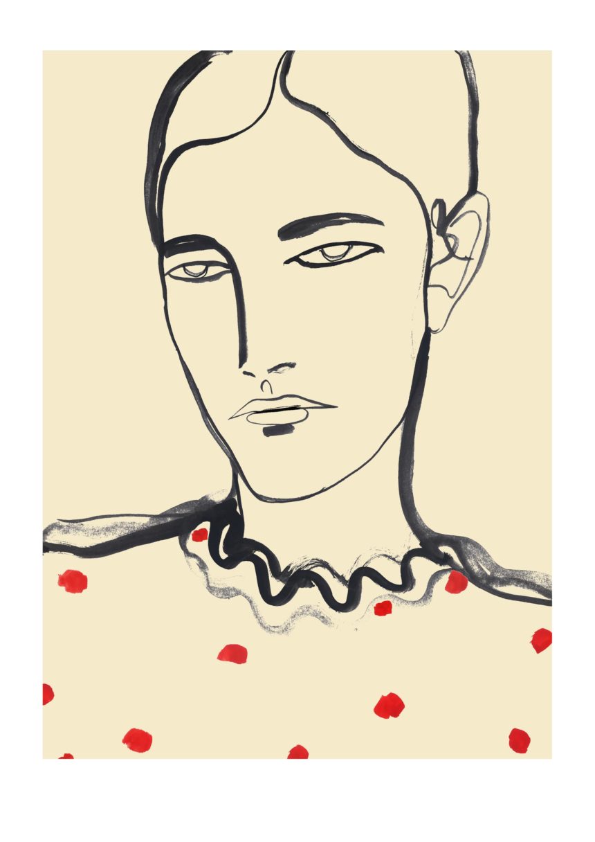 Ink drawing of a portrait and red dots on top.
