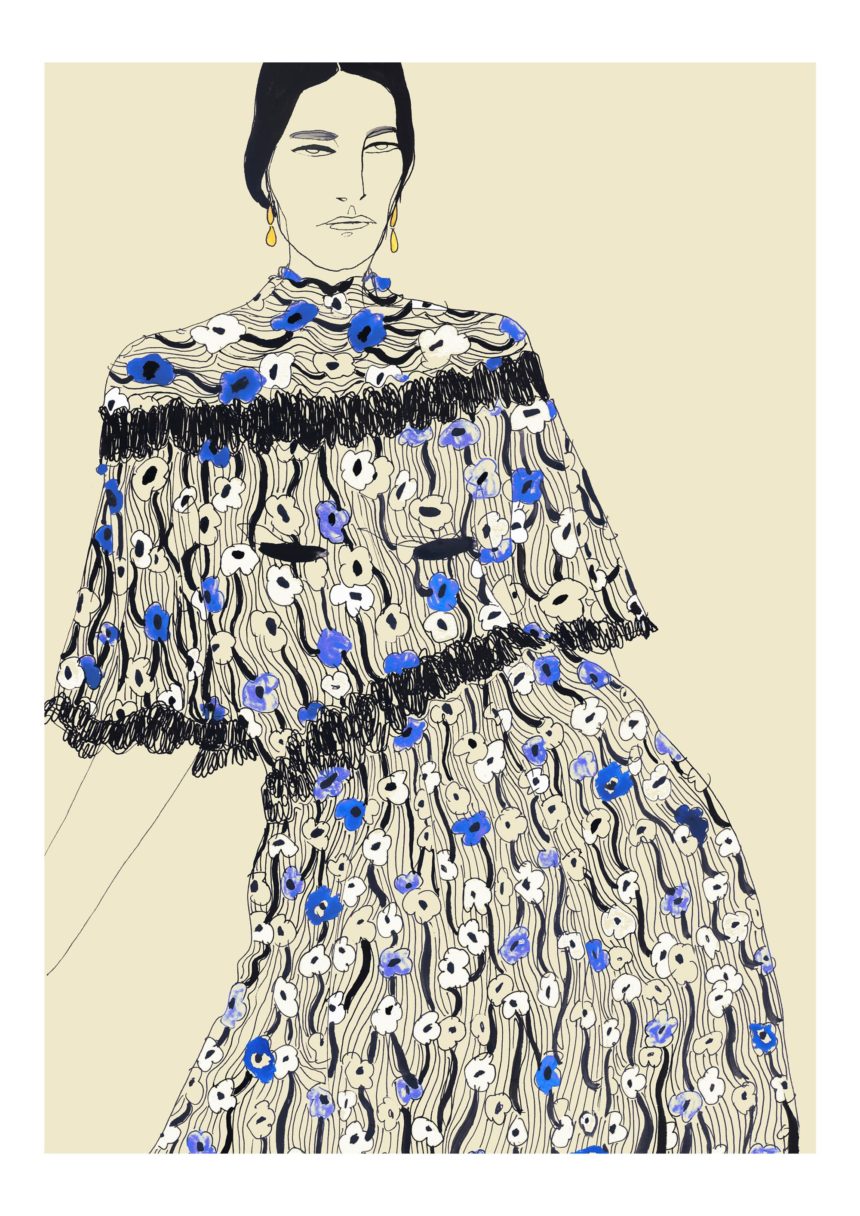 Illustration of woman wearing patterned dress.