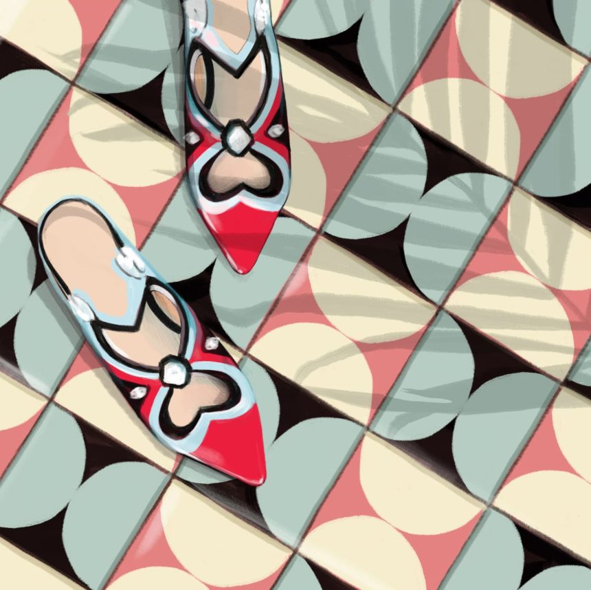 Digital illustration of shoes on a patterned floor.