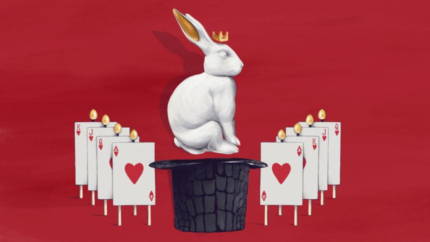 Digital illustration of a white rabbit with a hat and deck of cards.