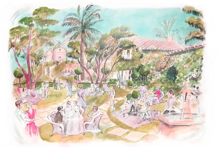 Illustration en aquarelle d'un paysage avec palmiers.