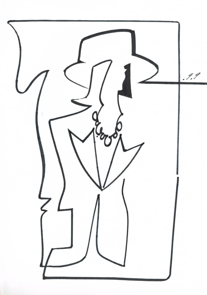 Line illustration of a woman with hat smoking.