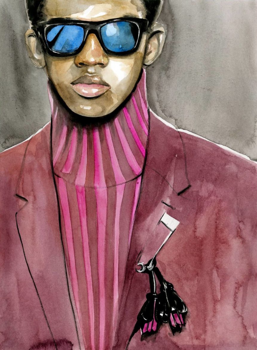 Watercolor illustration of man on catwalk.