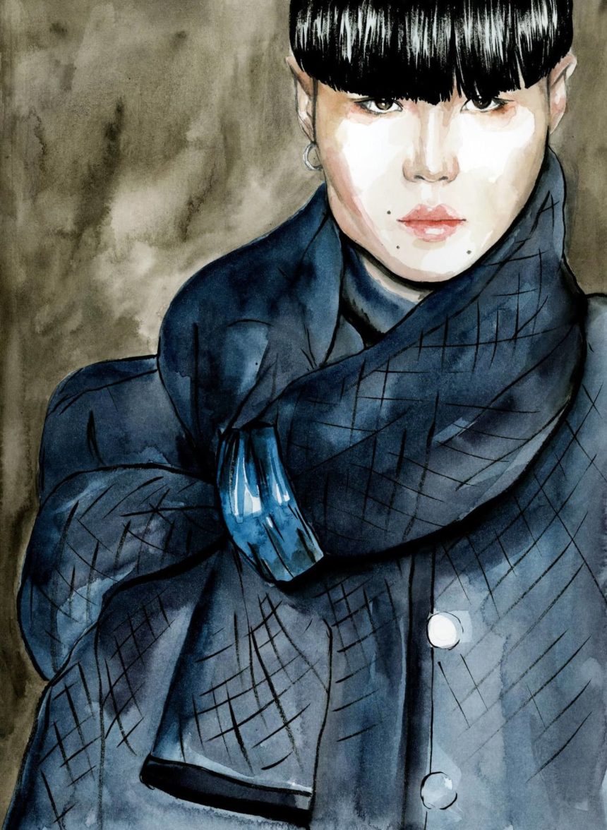 Watercolor illustration of man on catwalk.