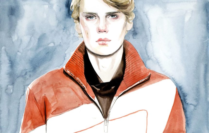 Watercolor illustration of man on catwalk.