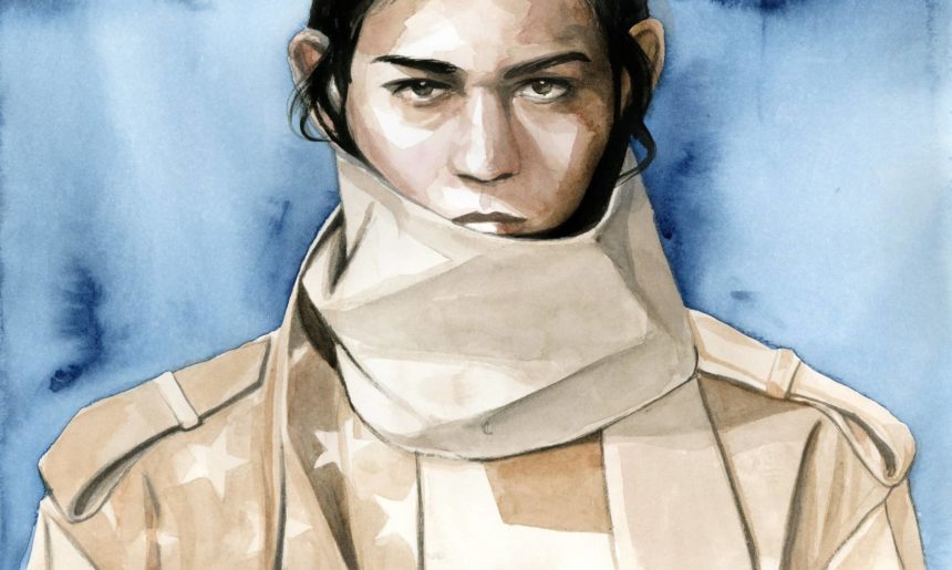 Watercolor illustration of man on catwalk.