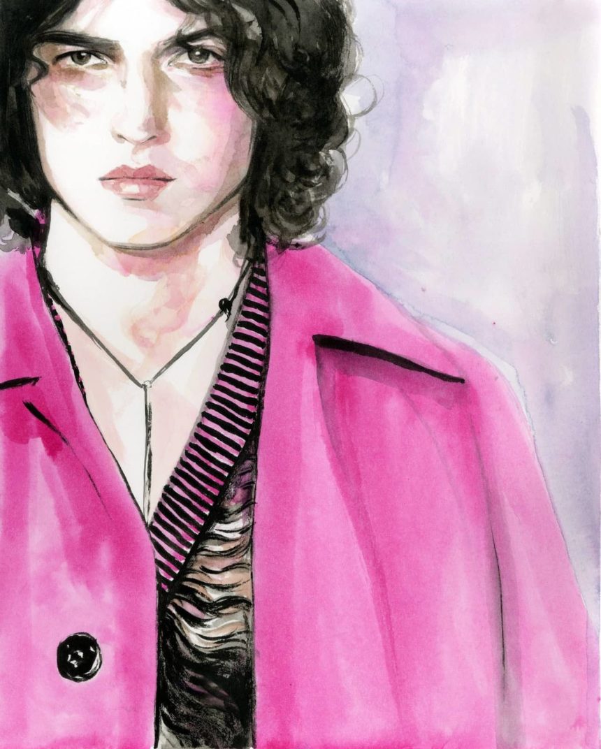 Watercolor illustration of man on catwalk.