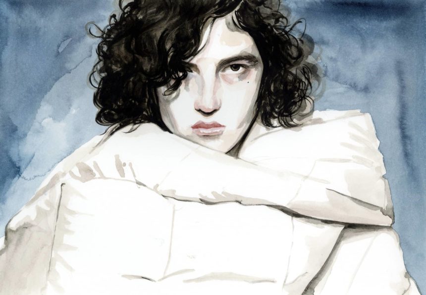 Watercolor illustration of man on catwalk.