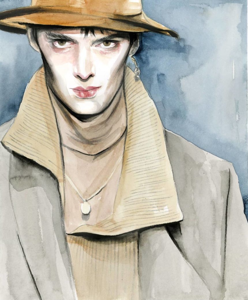 Watercolor illustration of man on catwalk.