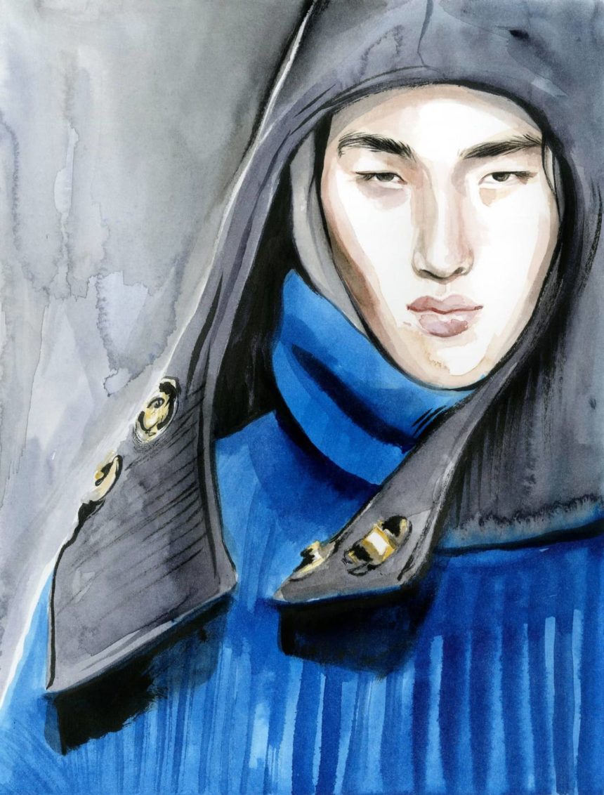 Watercolor illustration of man on catwalk.