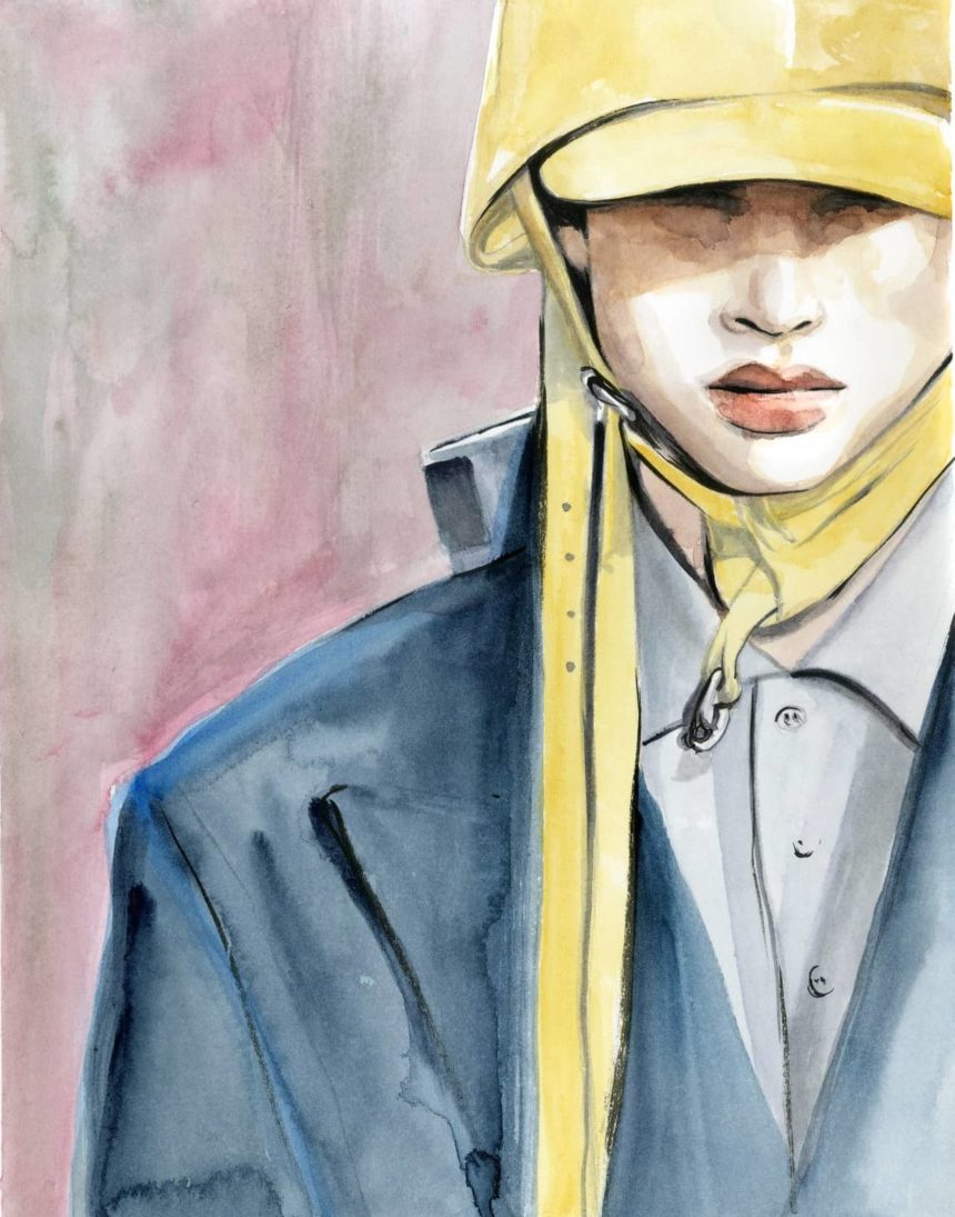 Watercolor illustration of man on catwalk.