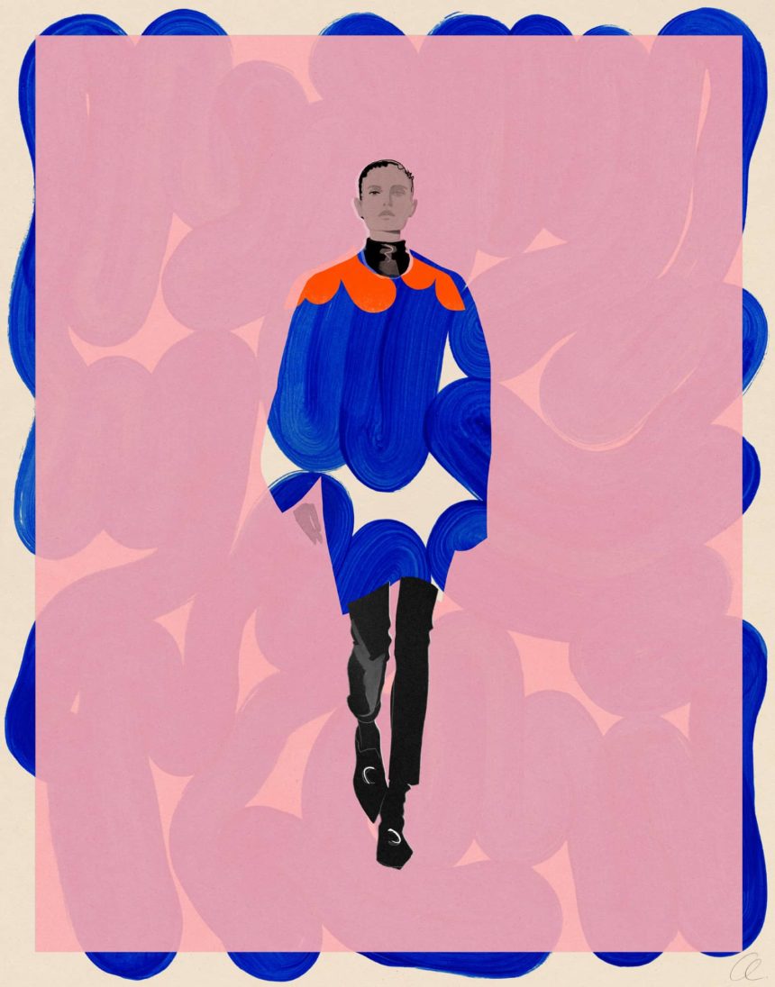 Collage of woman in blue with pink frame.