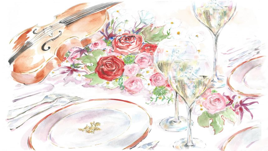 Illustration d'une table avec assiette et fleurs.