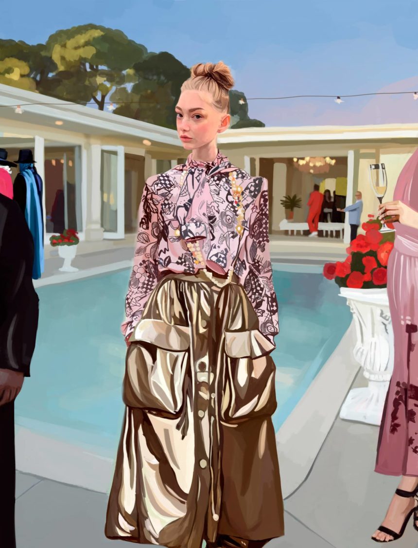 Digital illustration of a girl with golden skirt by a pool.