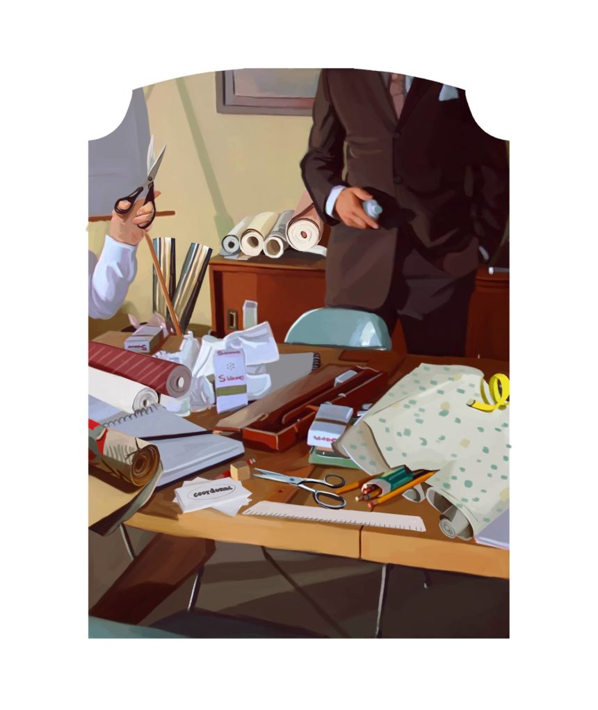 Digital illustration of a shoe maker shop.