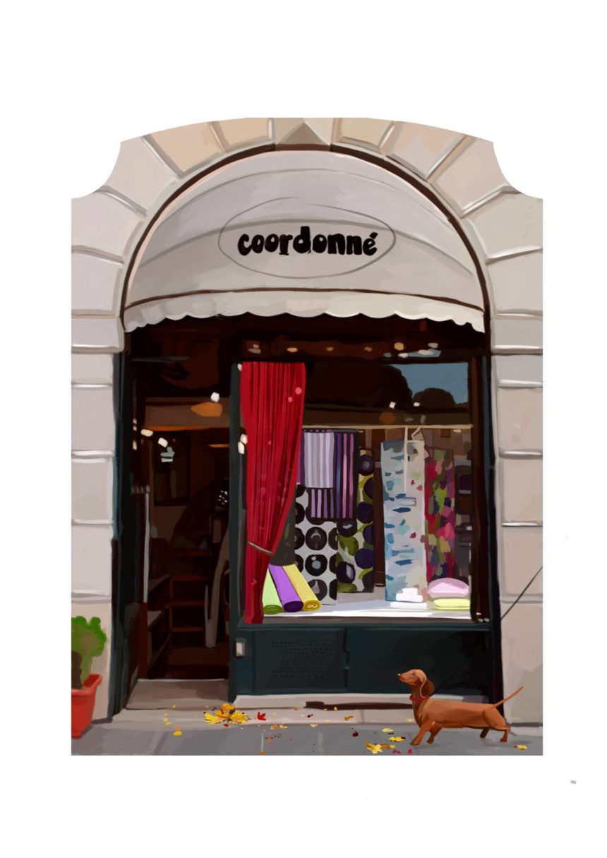 Digital illustration of a shoe maker shop.