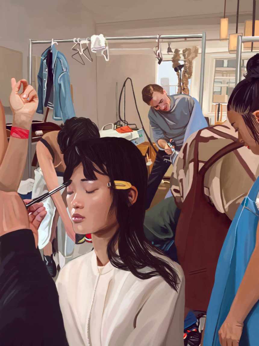 Digital illustration of a girl getting her hair done.