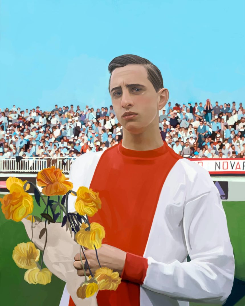 Digital illustration of a man at a stadium.